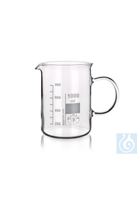 Beaker low form, 600 ml, dim. Ø 90 x H 125 mm, with spout, scale and handle, Simax® borosilicate...